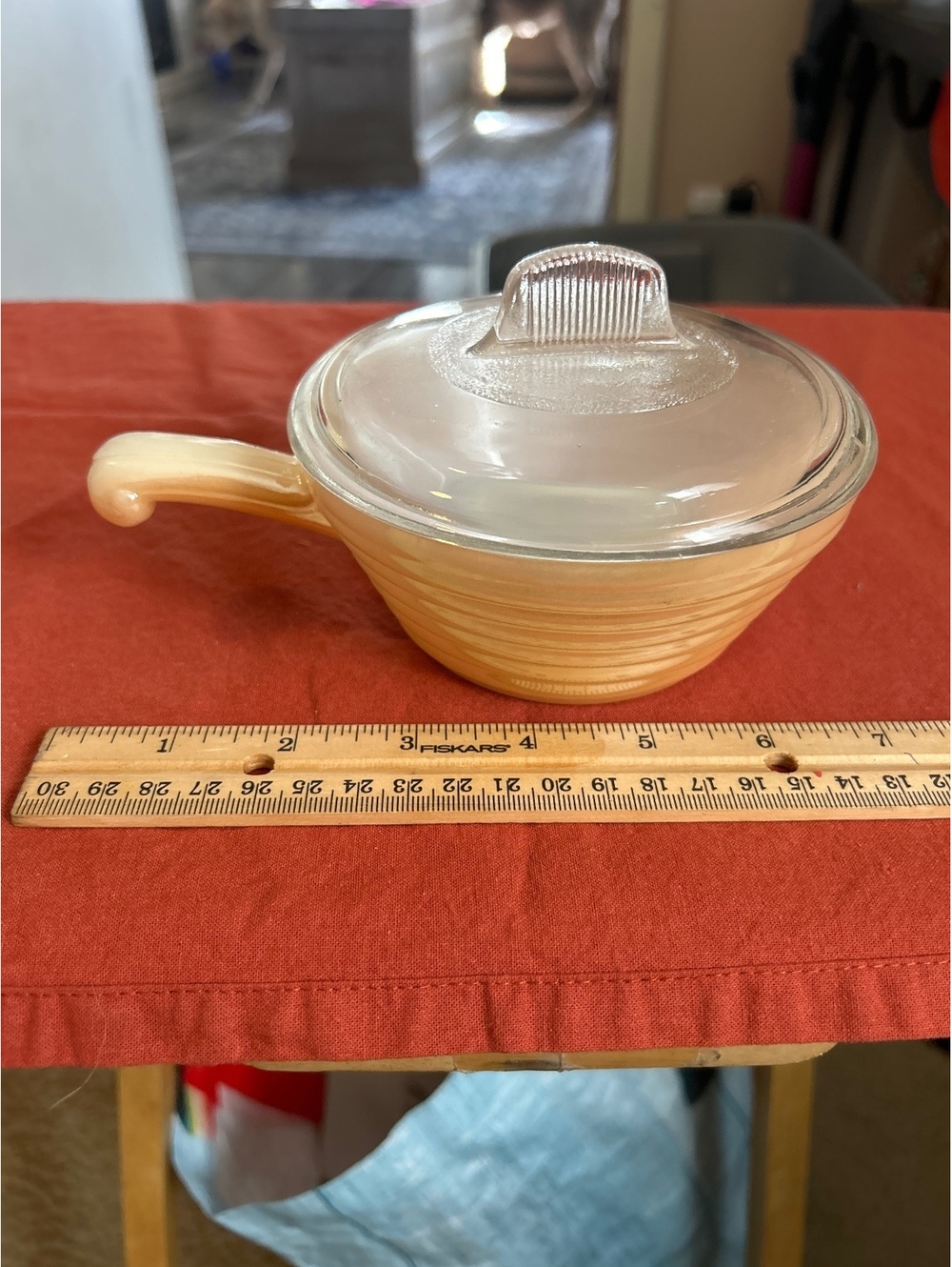 Fire king peach handled bowl with lid